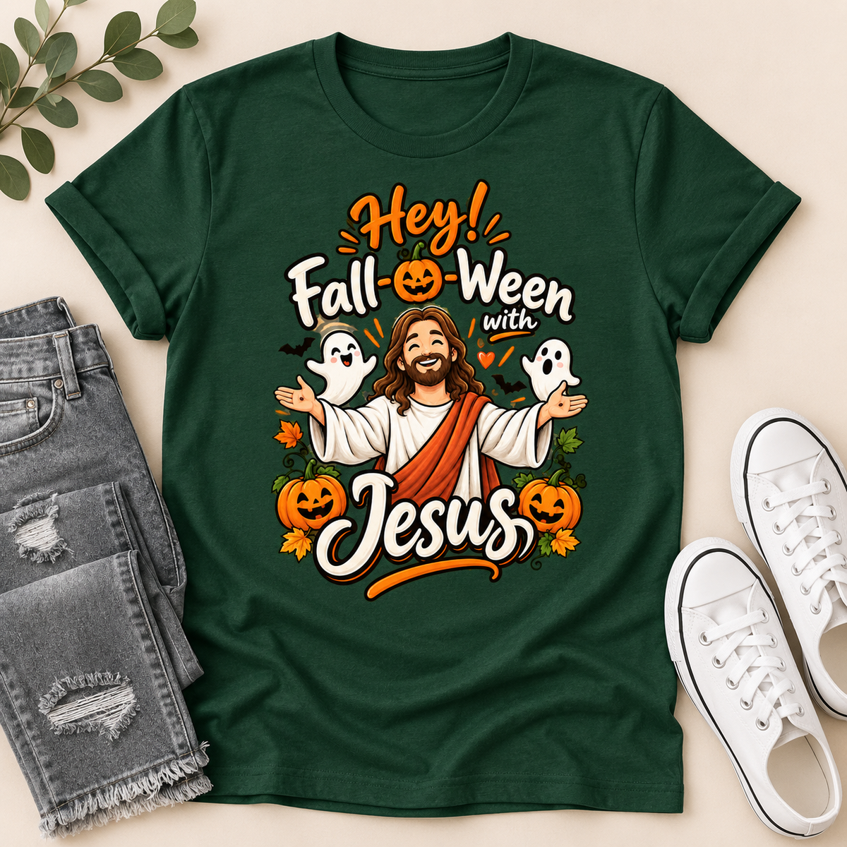 Hey Fall-O-Ween With Jesus, Gift For Christian, Halloween Gifts | 2D Unisex T-shirt