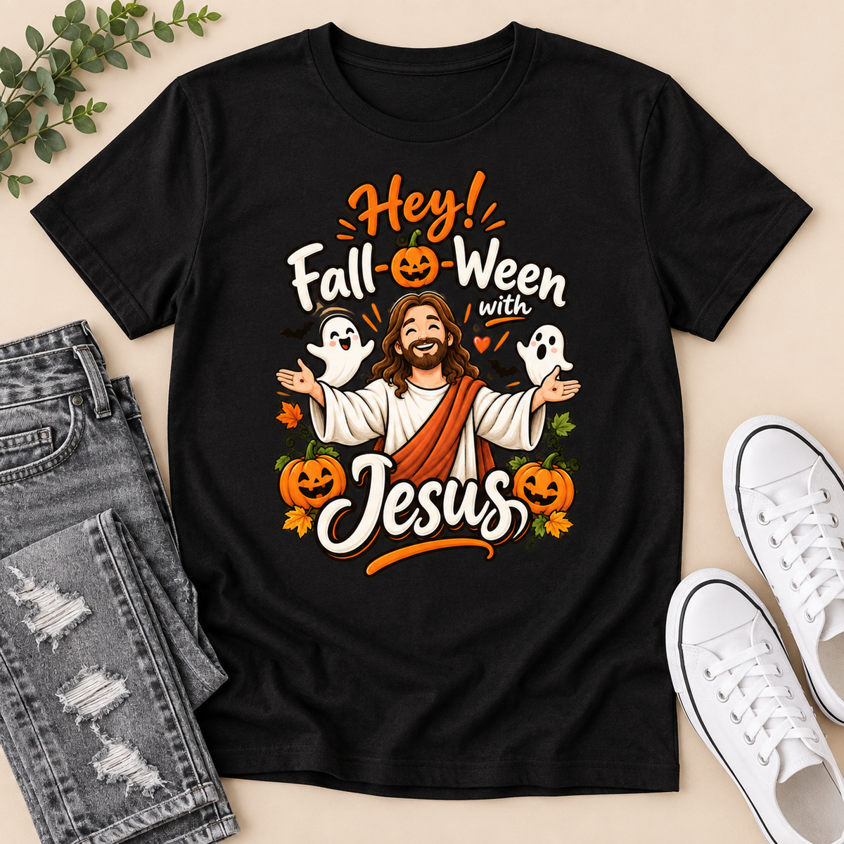 Hey Fall-O-Ween With Jesus, Gift For Christian, Halloween Gifts | 2D Unisex T-shirt