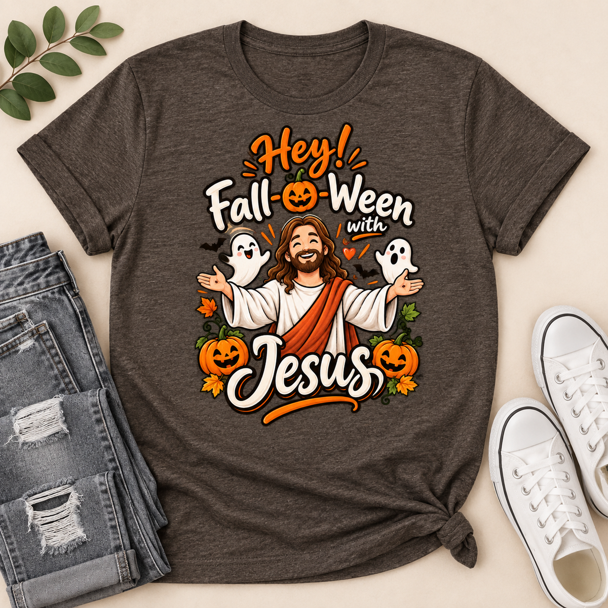 Hey Fall-O-Ween With Jesus, Gift For Christian, Halloween Gifts | 2D Unisex T-shirt