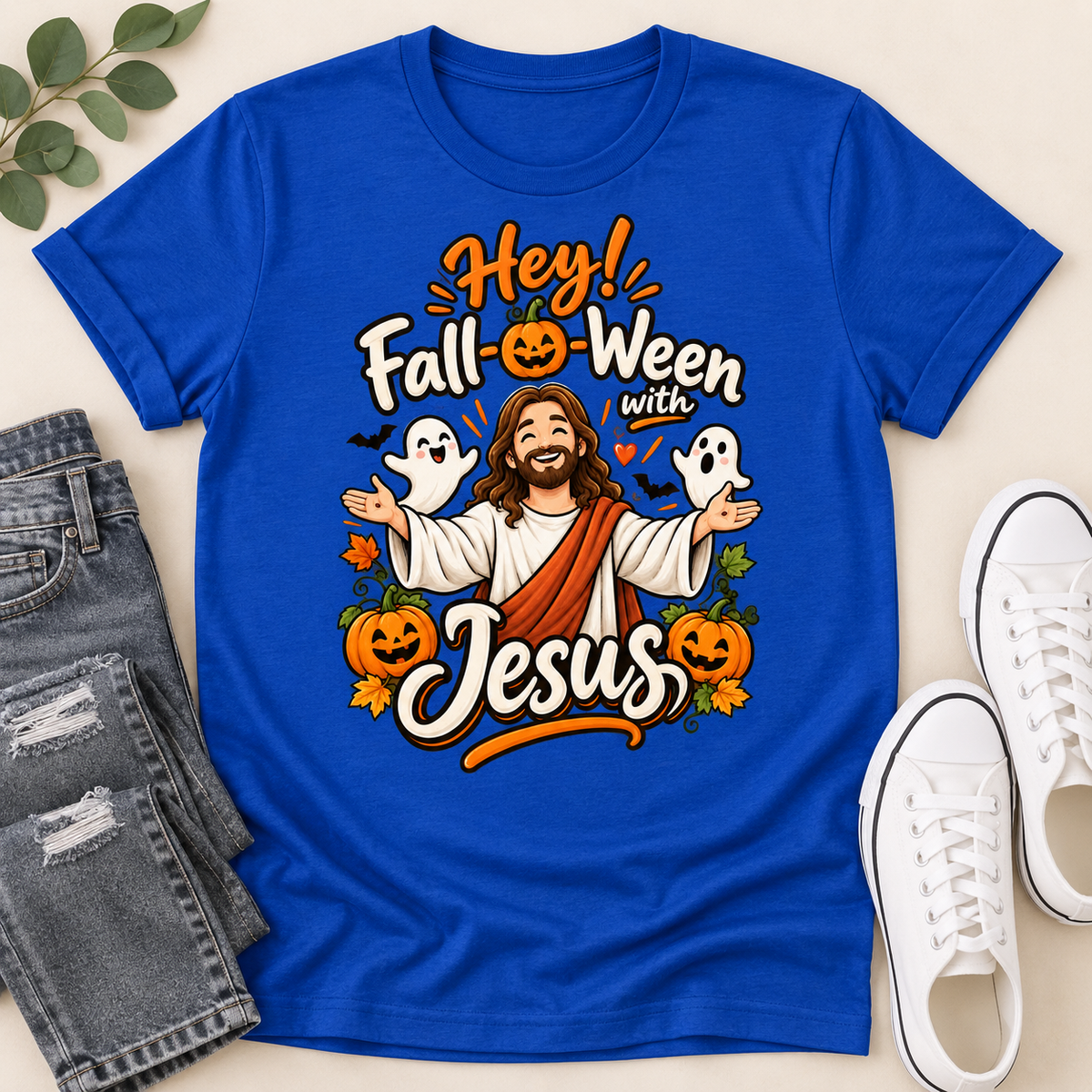 Hey Fall-O-Ween With Jesus, Gift For Christian, Halloween Gifts | 2D Unisex T-shirt