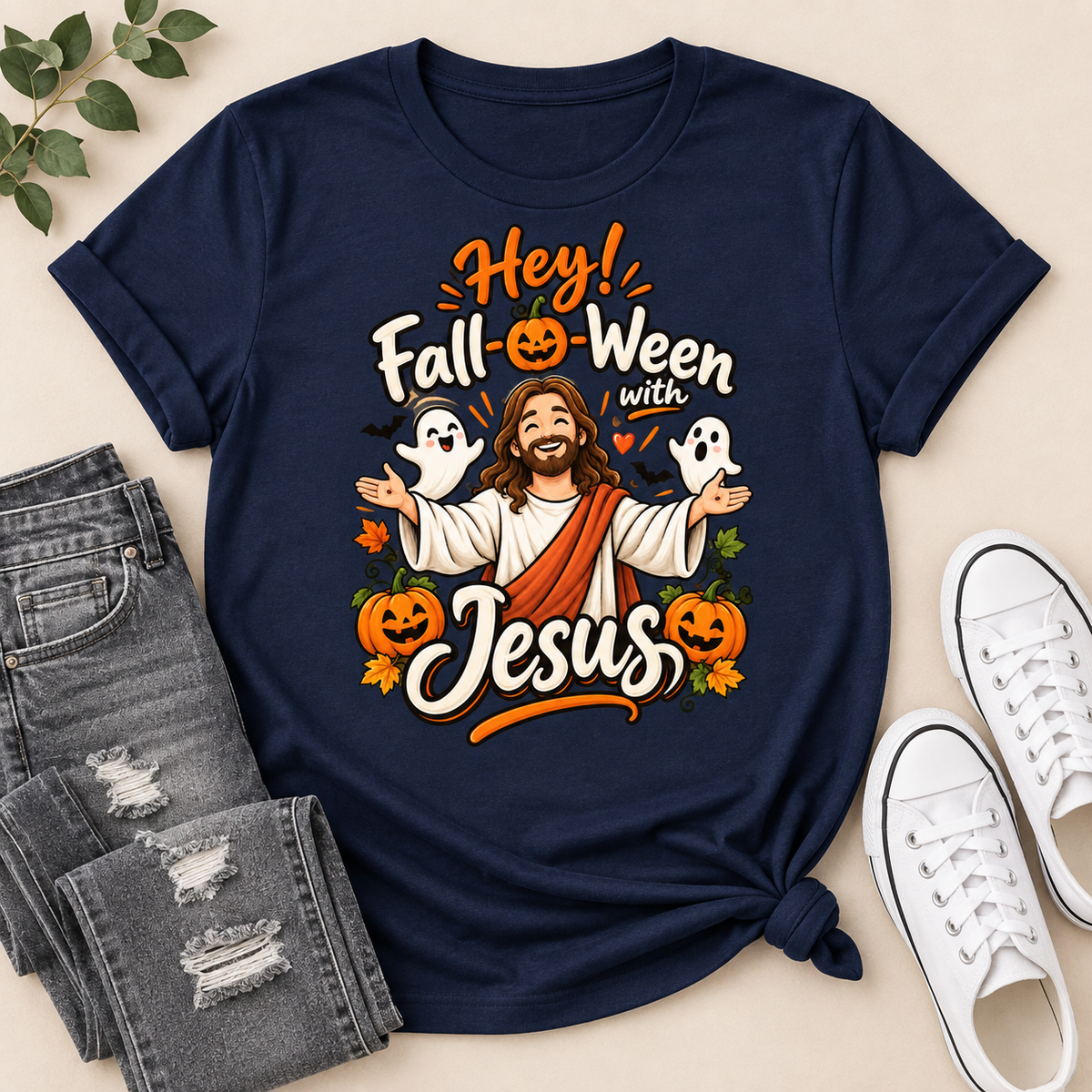 Hey Fall-O-Ween With Jesus, Gift For Christian, Halloween Gifts | 2D Unisex T-shirt