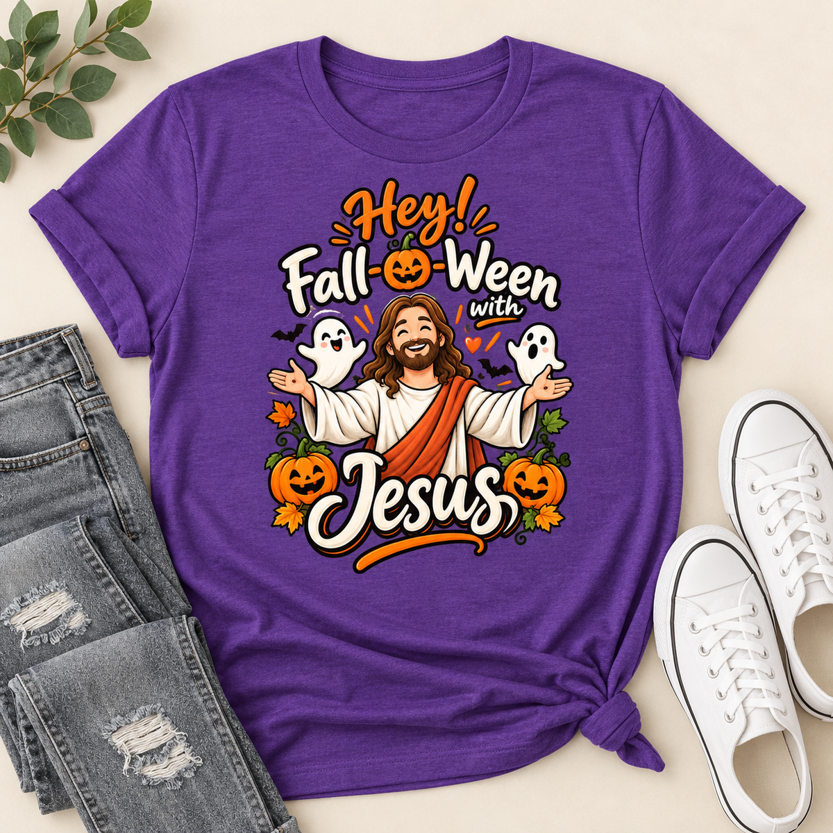 Hey Fall-O-Ween With Jesus, Gift For Christian, Halloween Gifts | 2D Unisex T-shirt
