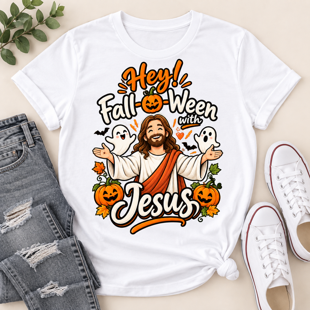 Hey Fall-O-Ween With Jesus, Gift For Christian, Halloween Gifts | 2D Unisex T-shirt