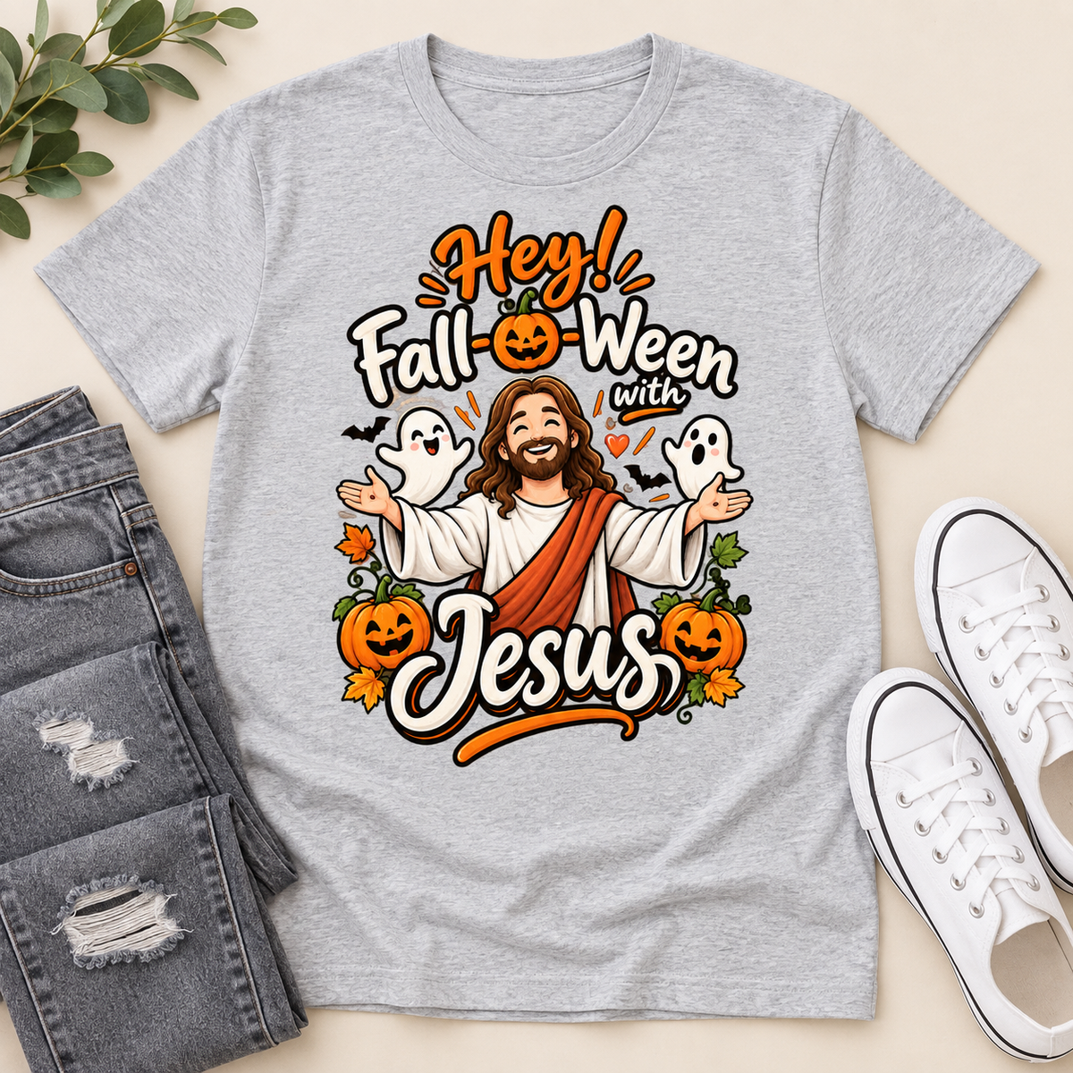 Hey Fall-O-Ween With Jesus, Gift For Christian, Halloween Gifts | 2D Unisex T-shirt