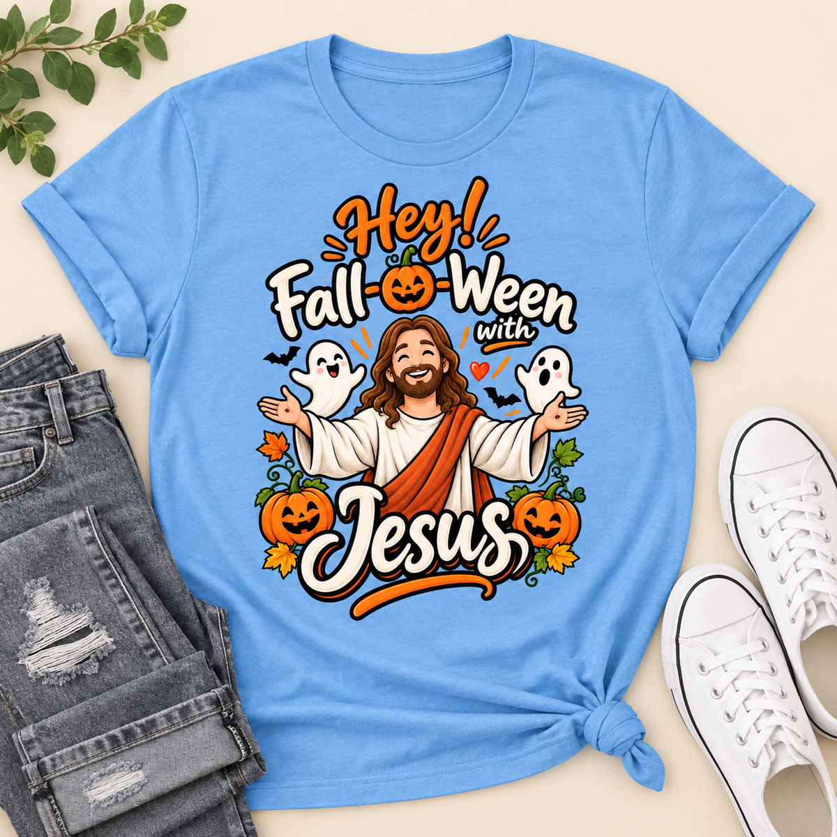 Hey Fall-O-Ween With Jesus, Gift For Christian, Halloween Gifts | 2D Unisex T-shirt
