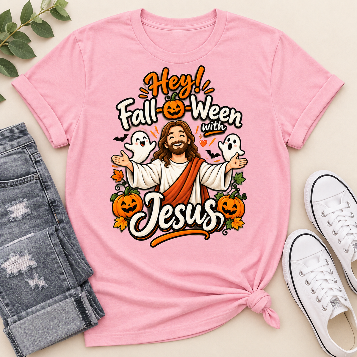 Hey Fall-O-Ween With Jesus, Gift For Christian, Halloween Gifts | 2D Unisex T-shirt