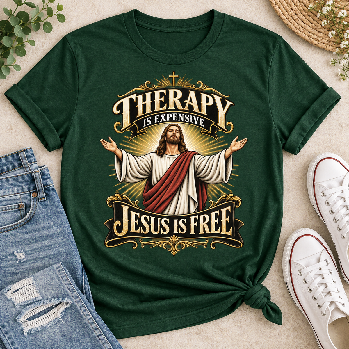 Therapy Is Expensive Jesus Is Free, Gift For Christian  | 2D Unisex T-shirt