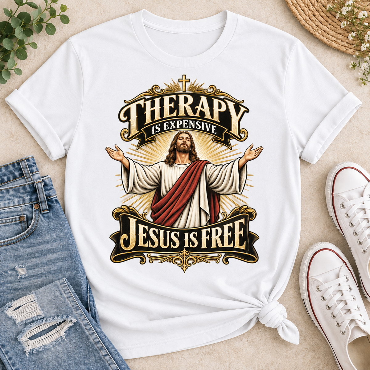 Therapy Is Expensive Jesus Is Free, Gift For Christian  | 2D Unisex T-shirt