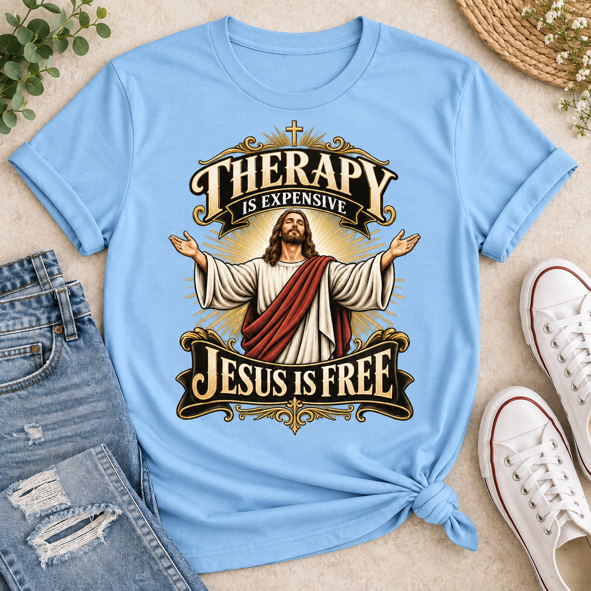 Therapy Is Expensive Jesus Is Free, Gift For Christian  | 2D Unisex T-shirt