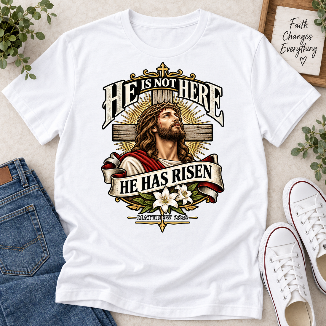 He Is Not Here He Has Risen Matthew 28: 6, Gift For Christian  | 2D Unisex T-shirt
